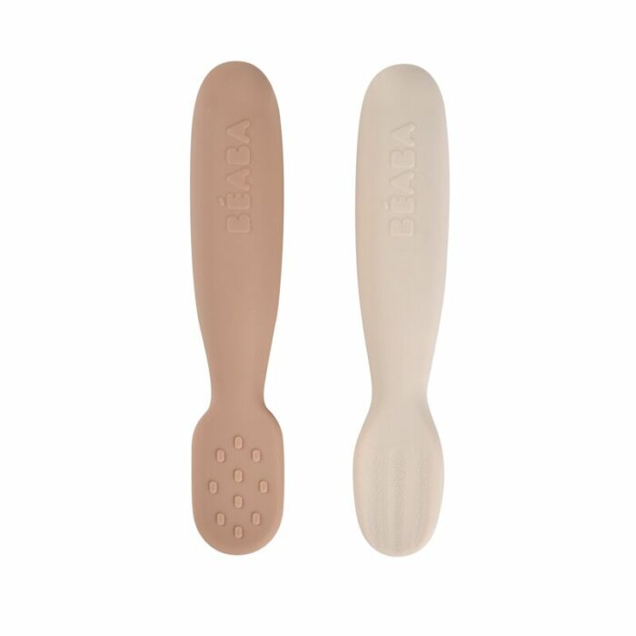 Lot 2 pré-cuillères d’apprentissage silicone – Pralin/Argile (Béaba)