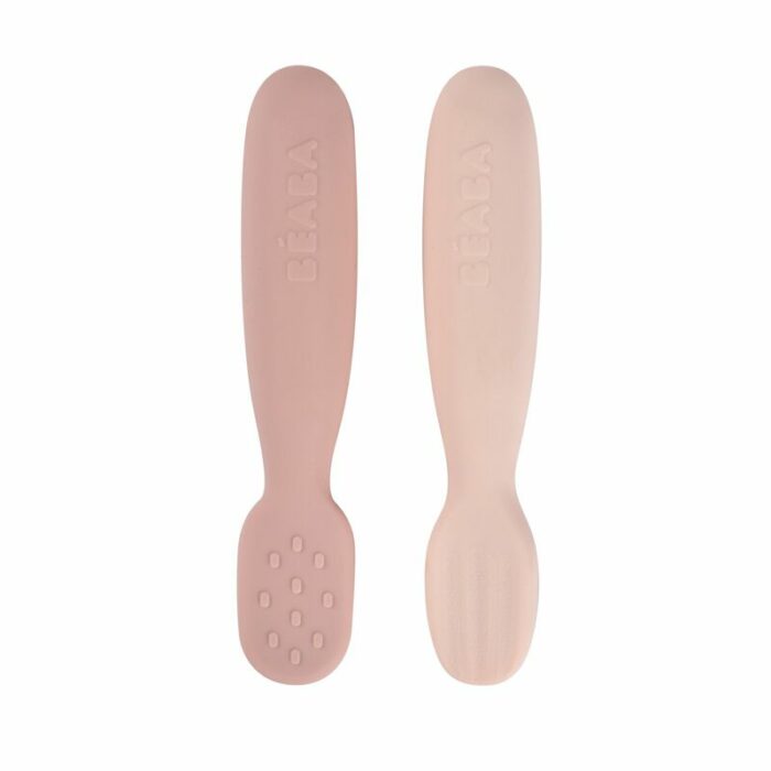 Lot 2 pré-cuillères d’apprentissage silicone – Barbe à papa / Guimauve (Béaba)
